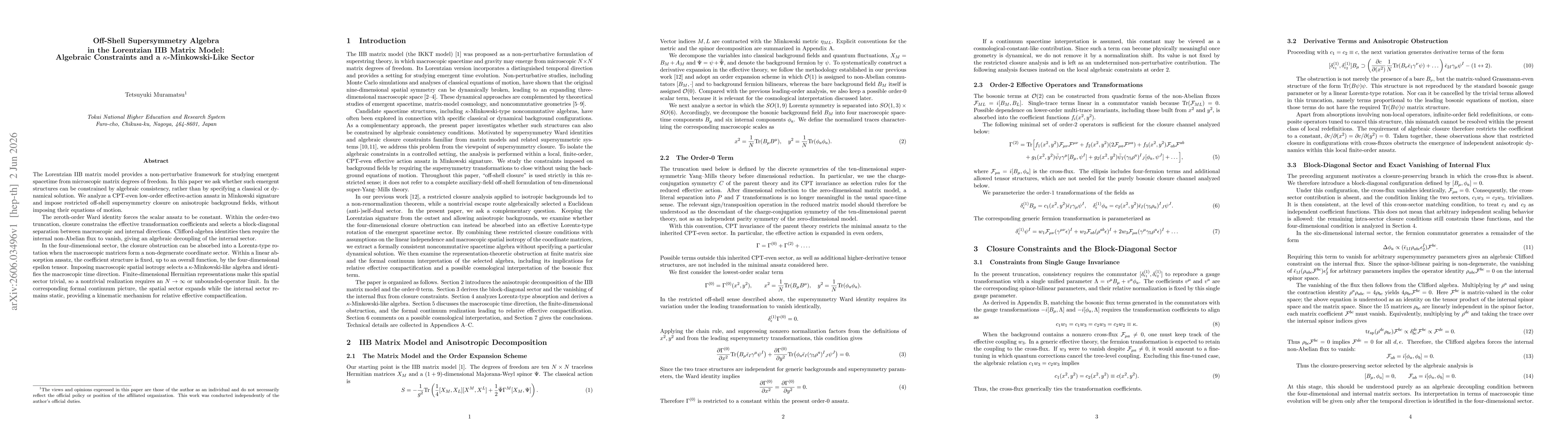 Thumbnail for Off-Shell Supersymmetry Algebra in the Lorentzian IIB Matrix Model: Algebraic Constraints and a $κ$-Minkowski-Like Sector