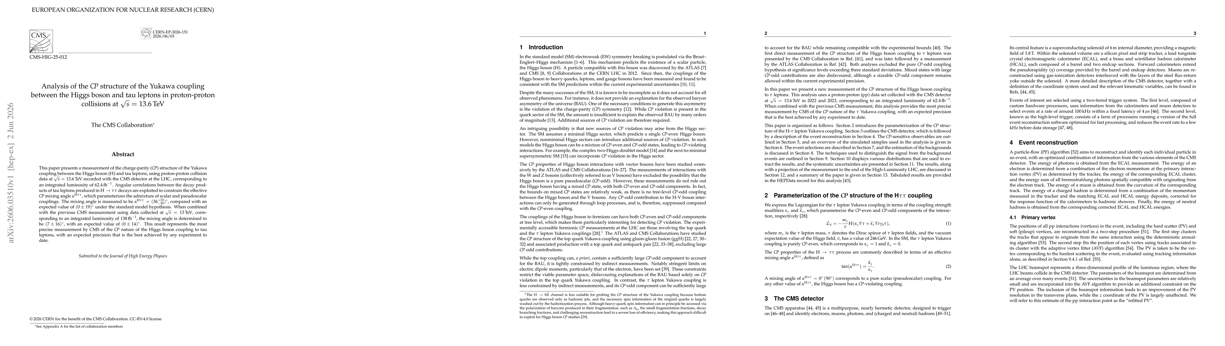 Thumbnail for Analysis of the $C\!P$ structure of the Yukawa coupling between the Higgs boson and tau leptons in proton-proton collisions at $\sqrt{s}$ = 13.6 TeV