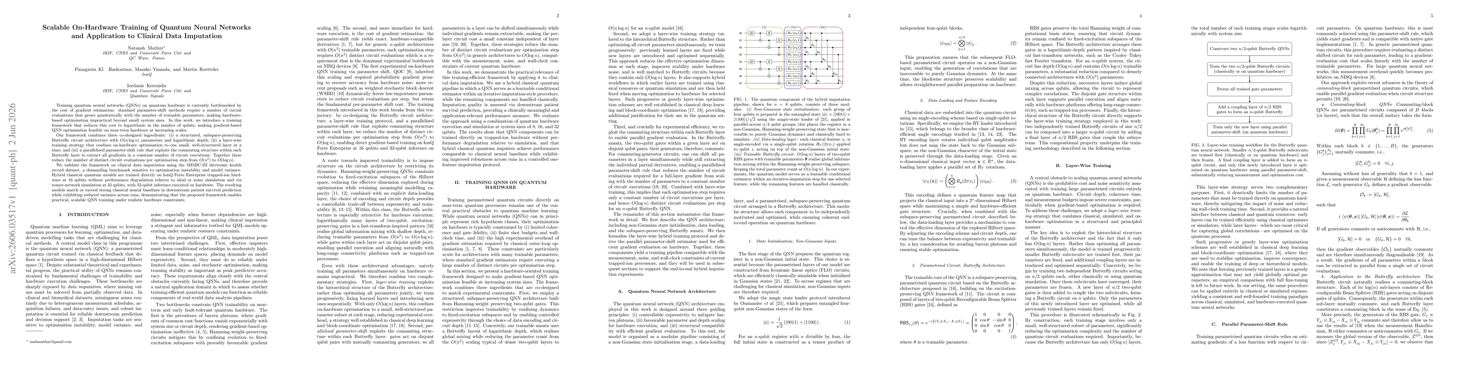 Thumbnail for Scalable On-Hardware Training of Quantum Neural Networks and Application to Clinical Data Imputation