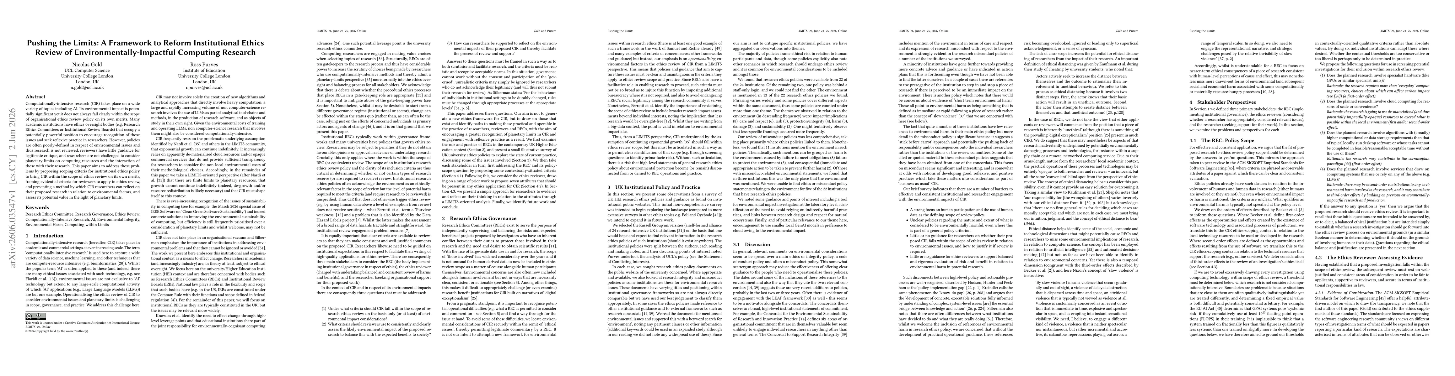 Thumbnail for Pushing the Limits: A Framework to Reform Institutional Ethics Review of Environmentally-Impactful Computing Research