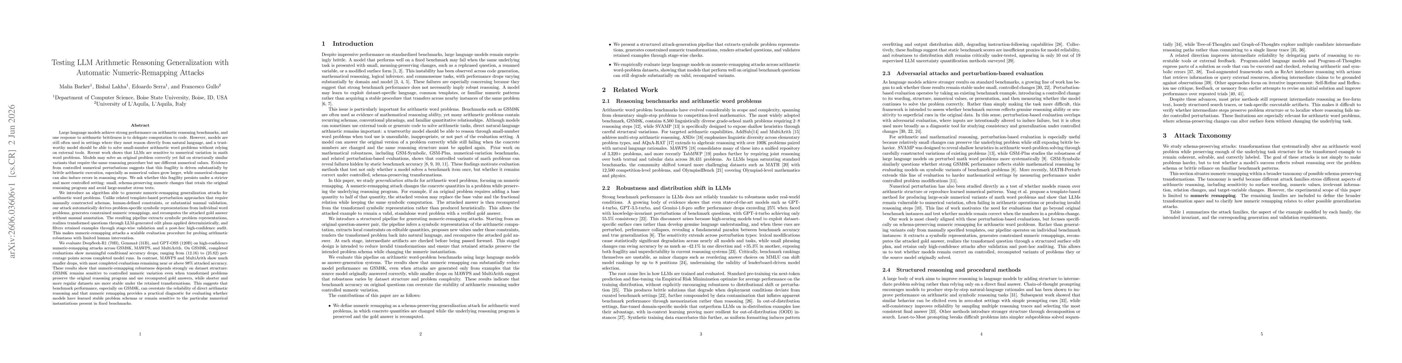 Thumbnail for Testing LLM Arithmetic Reasoning Generalization with Automatic Numeric-Remapping Attacks