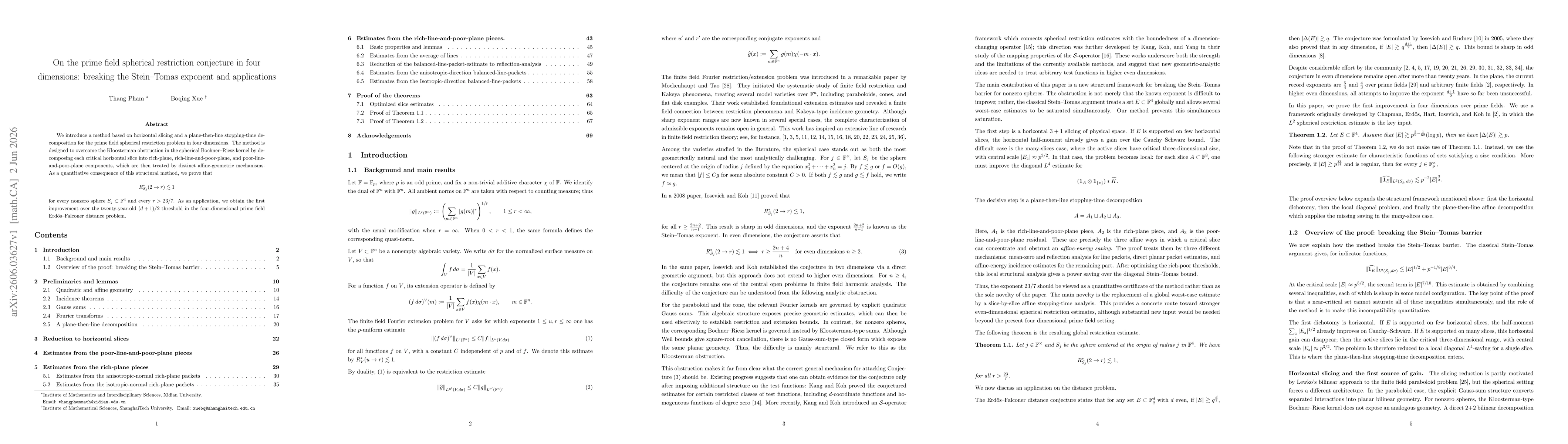 Thumbnail for On the prime field spherical restriction conjecture in four dimensions: breaking the Stein-Tomas exponent and applications