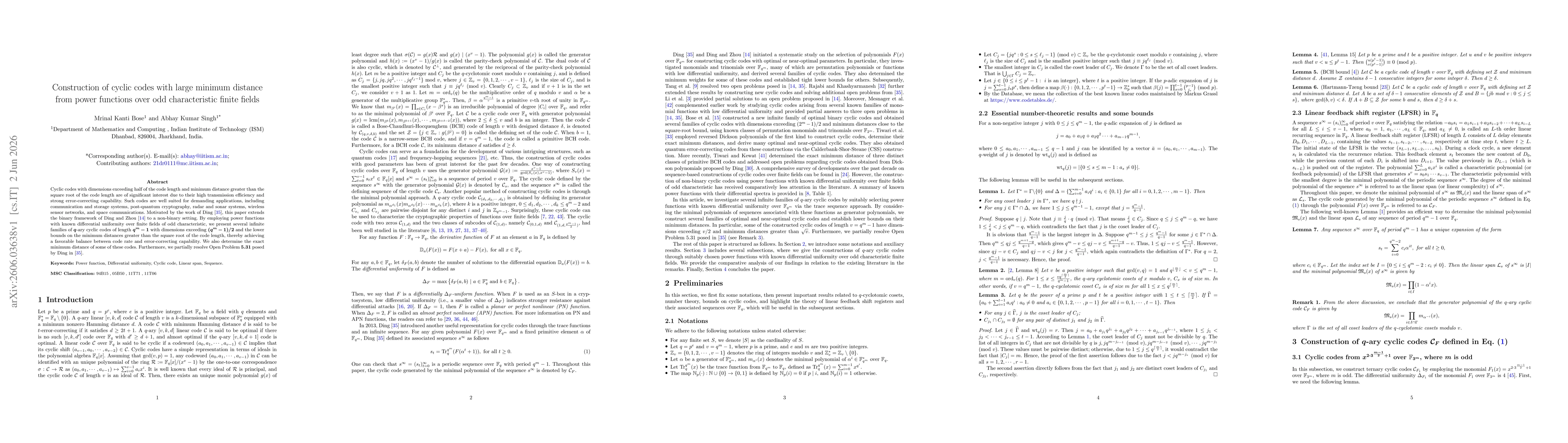 Thumbnail for Construction of cyclic codes with large minimum distance from power functions over odd characteristic finite fields