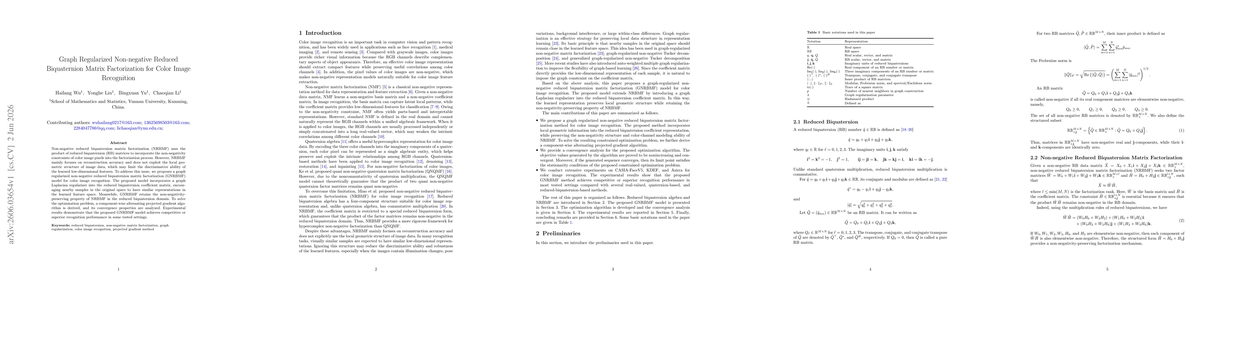 Thumbnail for Graph Regularized Non-negative Reduced Biquaternion Matrix Factorization for Color Image Recognition