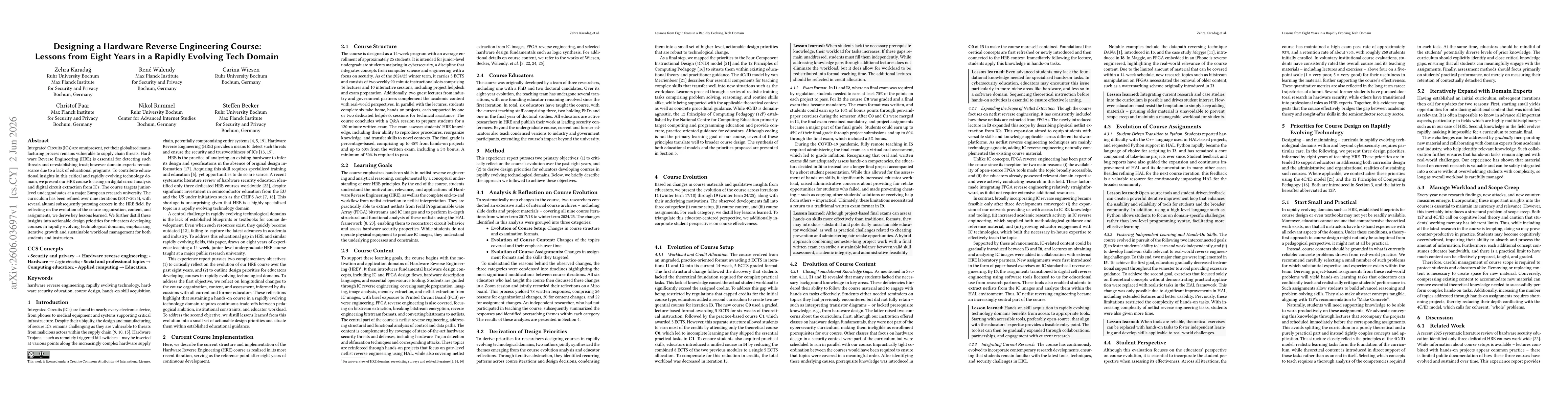 Thumbnail for Designing a Hardware Reverse Engineering Course: Lessons from Eight Years in a Rapidly Evolving Tech Domain