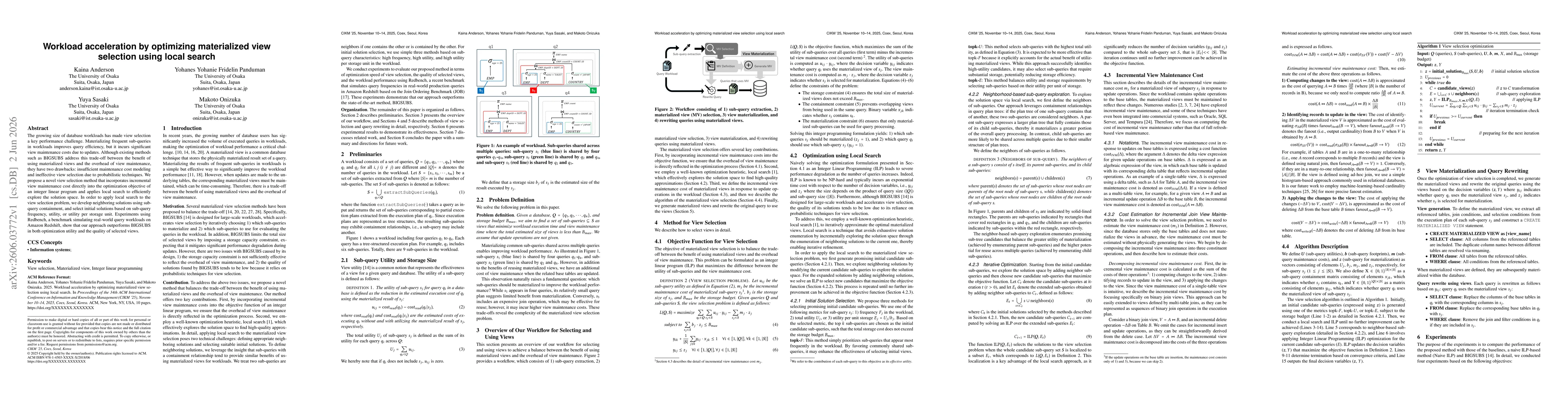 Thumbnail for Workload acceleration by optimizing materialized view selection using local search