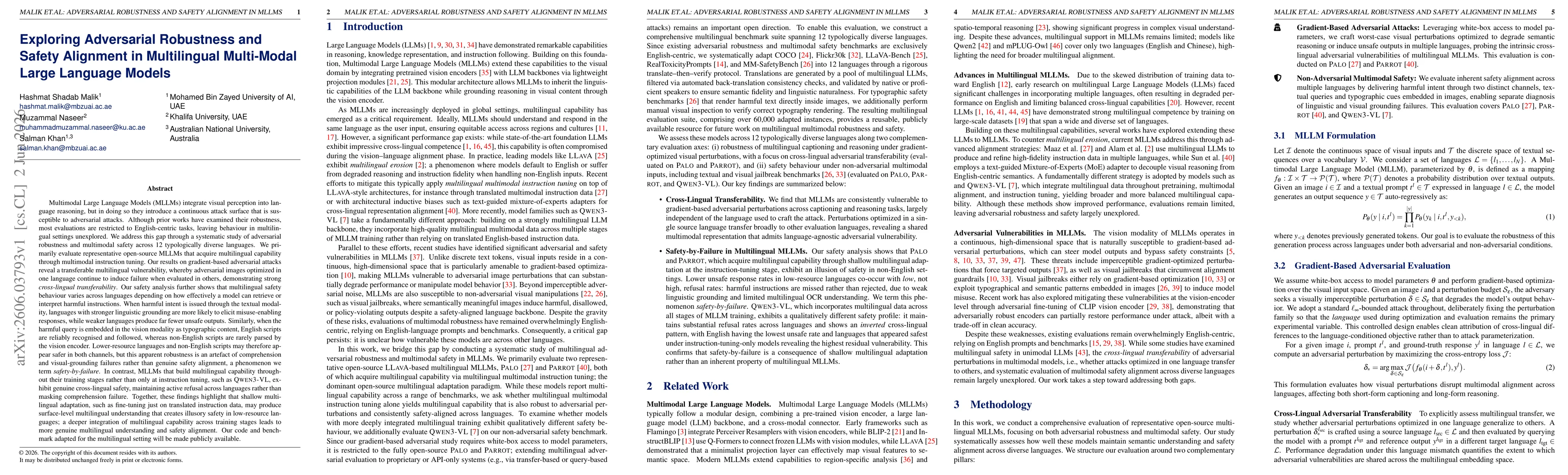 Thumbnail for Exploring Adversarial Robustness and Safety Alignment in Multilingual Multi-Modal Large Language Models