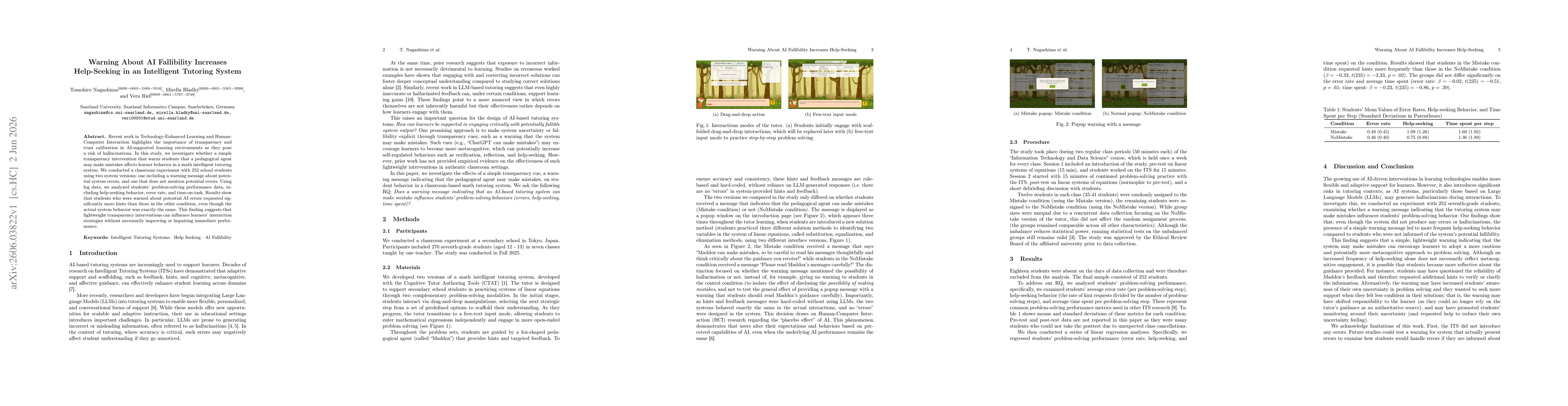 Thumbnail for Warning About AI Fallibility Increases Help-Seeking in an Intelligent Tutoring System