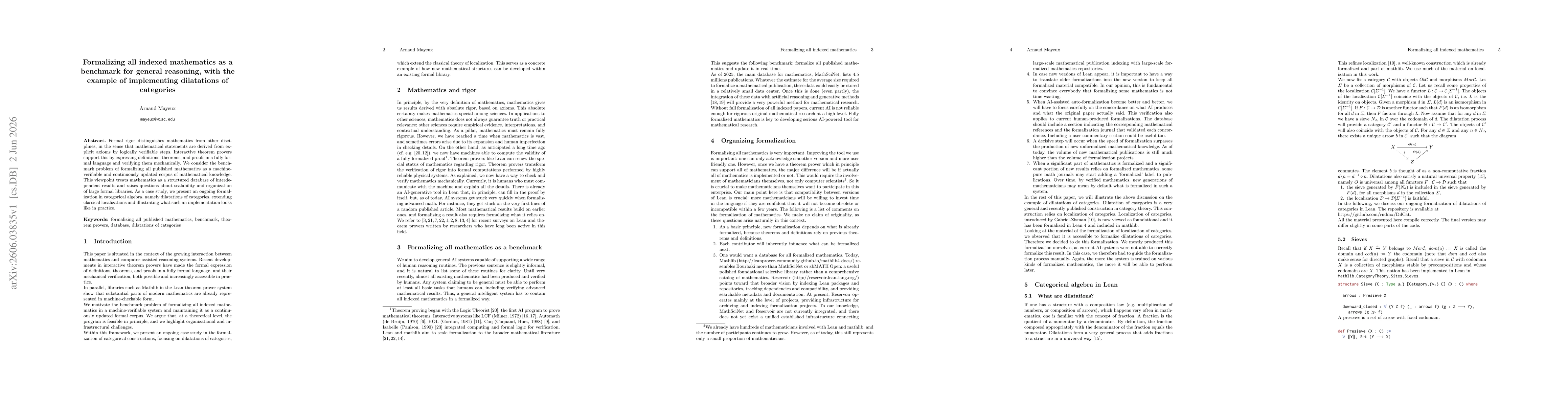 Thumbnail for Formalizing all indexed mathematics as a benchmark for general reasoning, with the example of implementing dilatations of categories