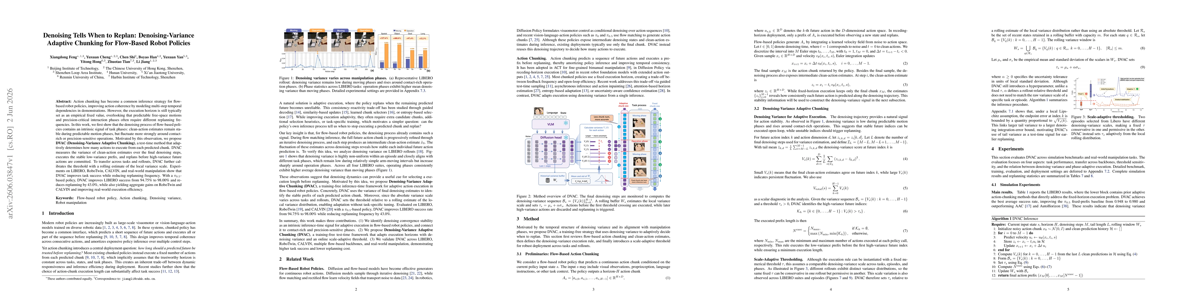 Thumbnail for Denoising Tells When to Replan: Denoising-Variance Adaptive Chunking for Flow-Based Robot Policies
