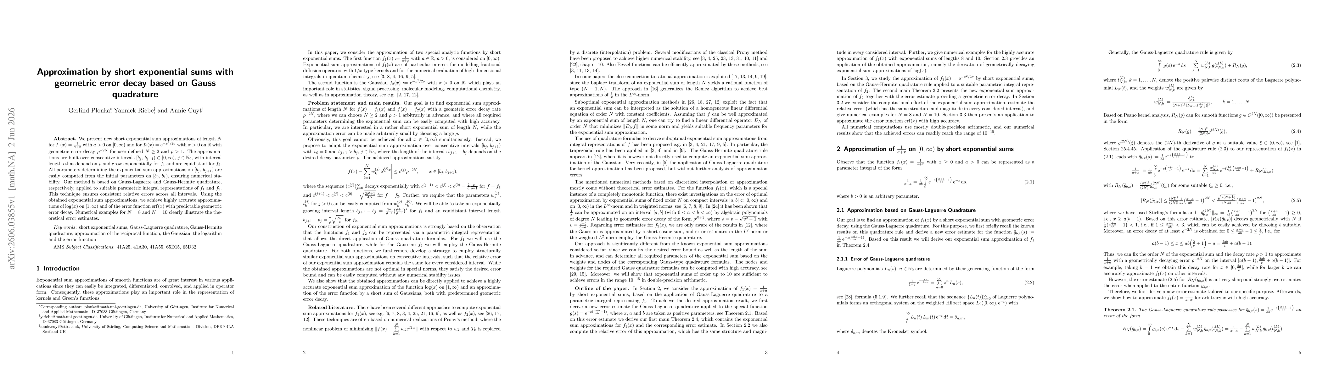 Thumbnail for Approximation by short exponential sums with geometric error decay based on Gauss quadrature