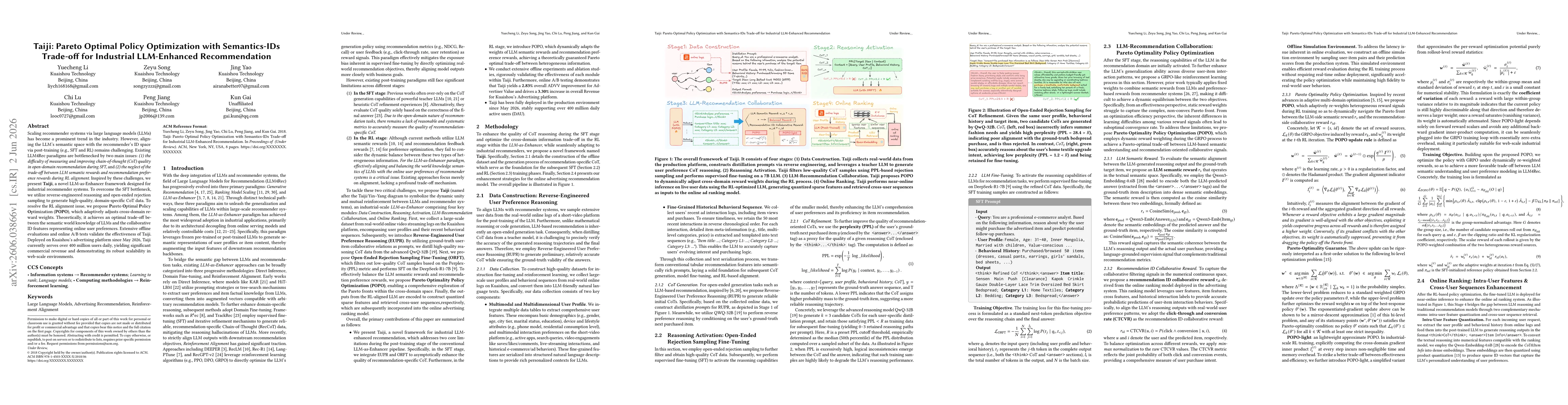 Thumbnail for Taiji: Pareto Optimal Policy Optimization with Semantics-IDs Trade-off for Industrial LLM-Enhanced Recommendation