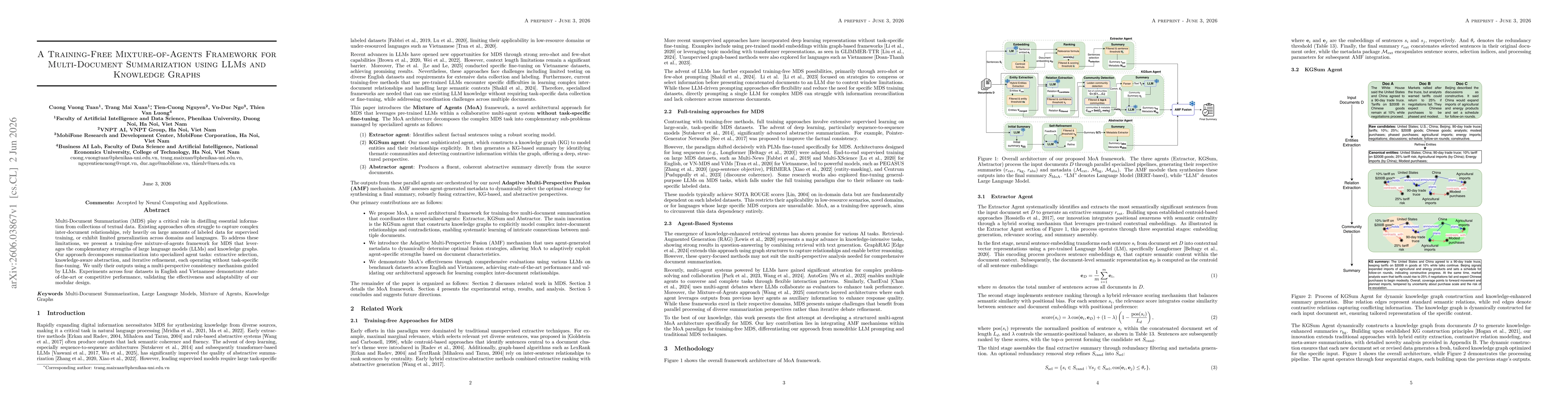 Thumbnail for A Training-Free Mixture-of-Agents Framework for Multi-Document Summarization using LLMs and Knowledge Graphs