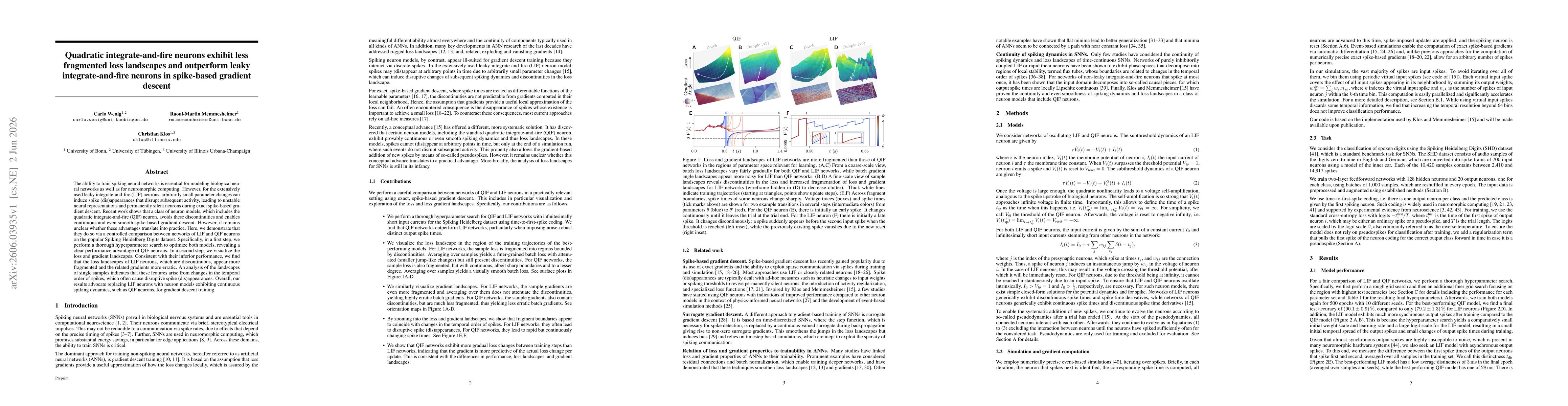 Thumbnail for Quadratic integrate-and-fire neurons exhibit less fragmented loss landscapes and outperform leaky integrate-and-fire neurons in spike-based gradient descent