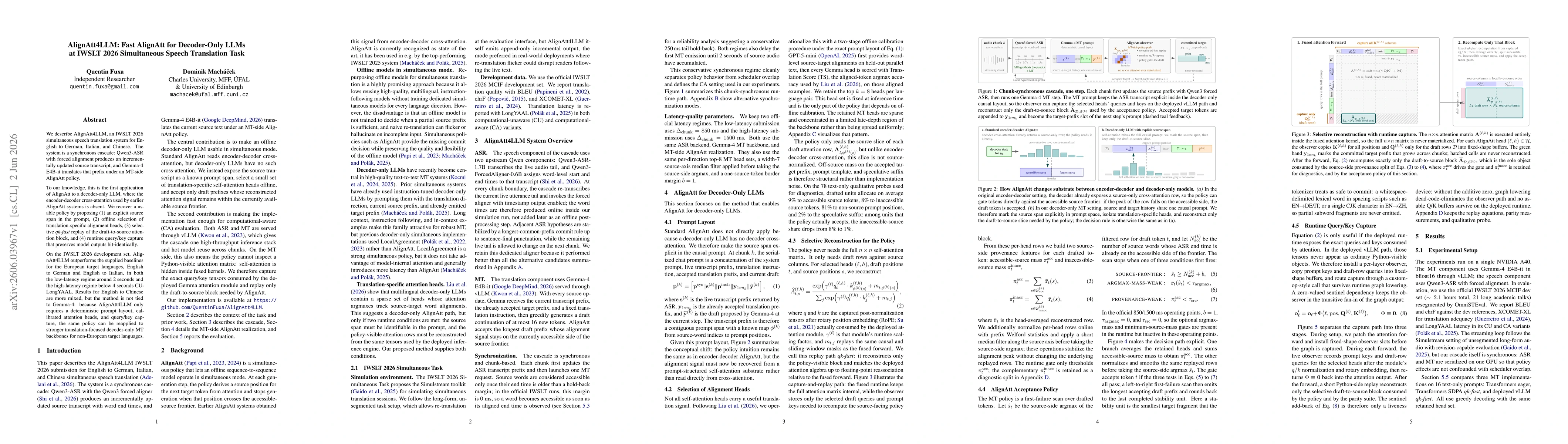 Thumbnail for AlignAtt4LLM: Fast AlignAtt for Decoder-Only LLMs at IWSLT 2026 Simultaneous Speech Translation Task