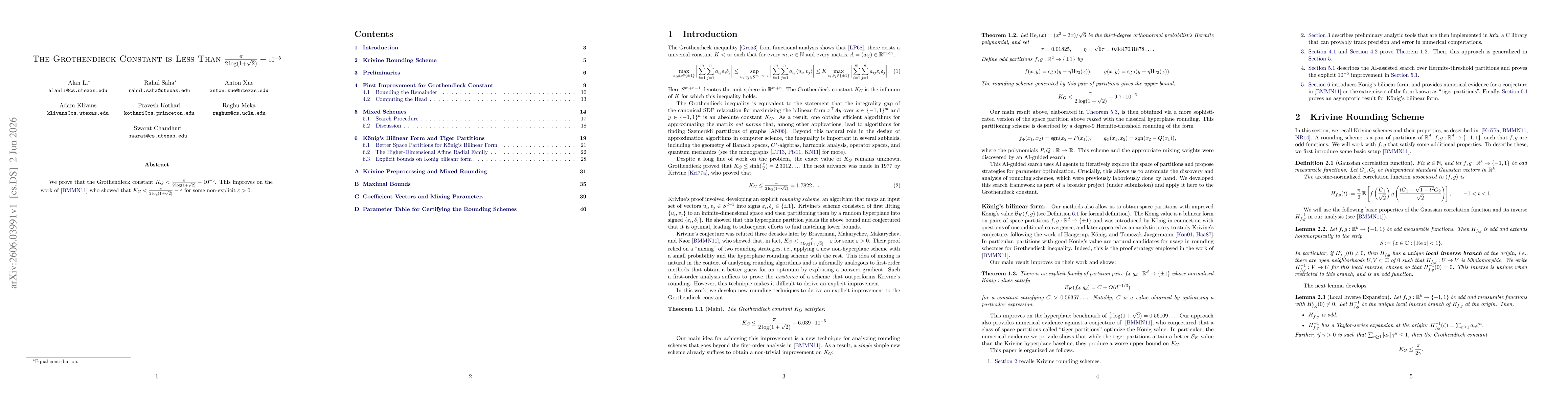 Thumbnail for The Grothendieck Constant is Less Than $\fracπ{2 \log (1+ \sqrt{2})} - 10^{-5}$