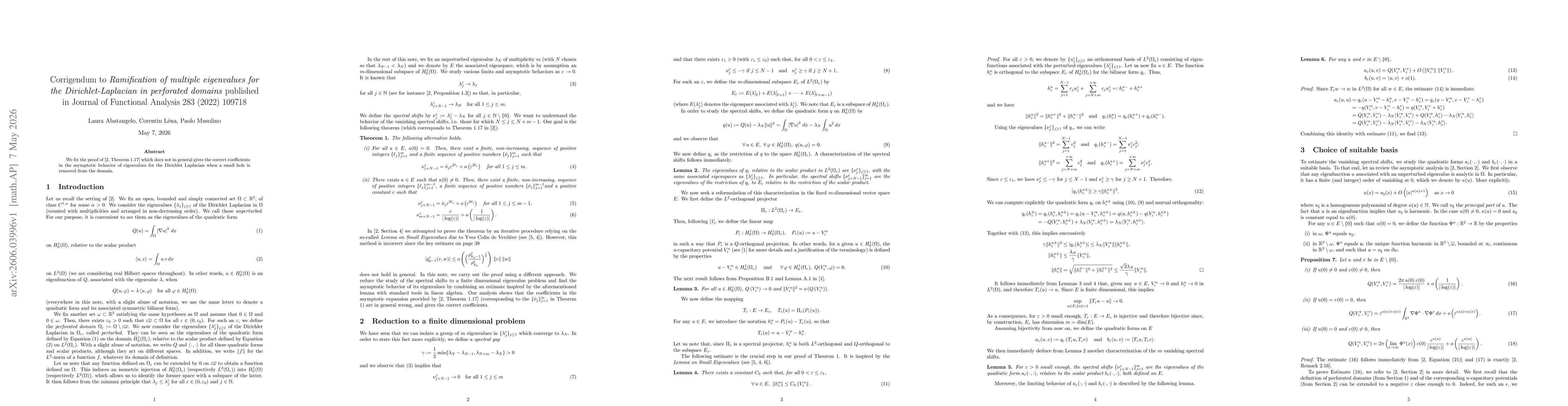 Thumbnail for Corrigendum to "Ramification of multiple eigenvalues for the Dirichlet-Laplacian in perforated domains" published in Journal of Functional Analysis 283 (2022) 109718