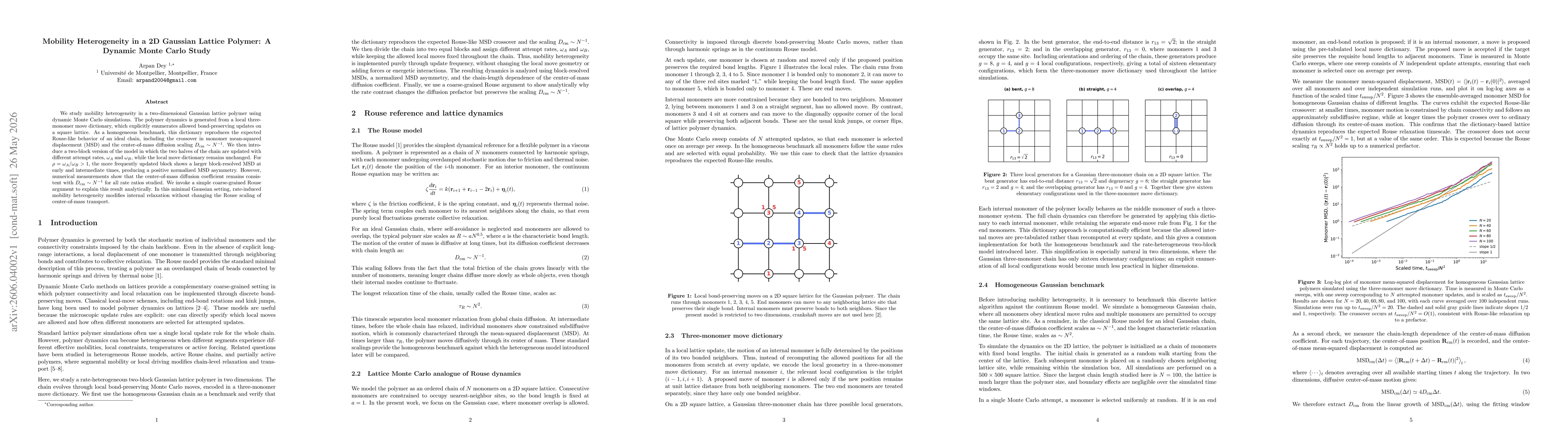 Thumbnail for Mobility Heterogeneity in a 2D Gaussian Lattice Polymer: A Dynamic Monte Carlo Study