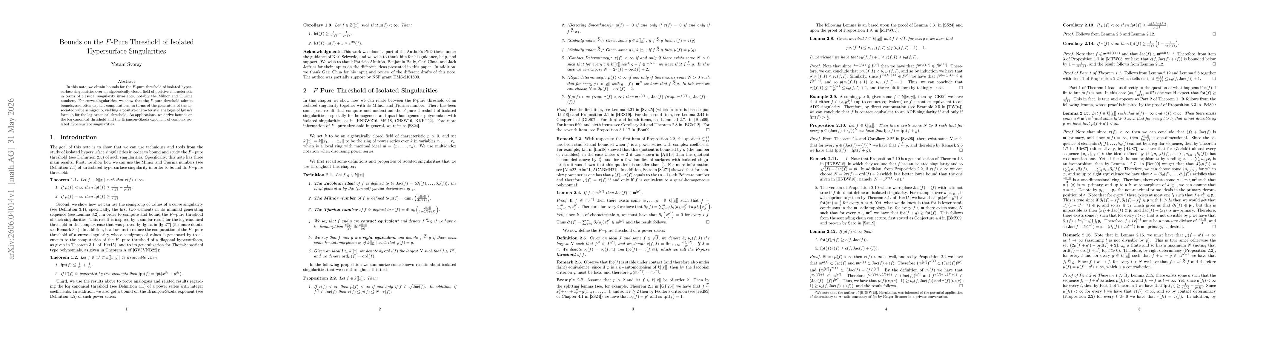 Thumbnail for Bounds on the F-Pure Threshold of Isolated Hypersurface Singularities