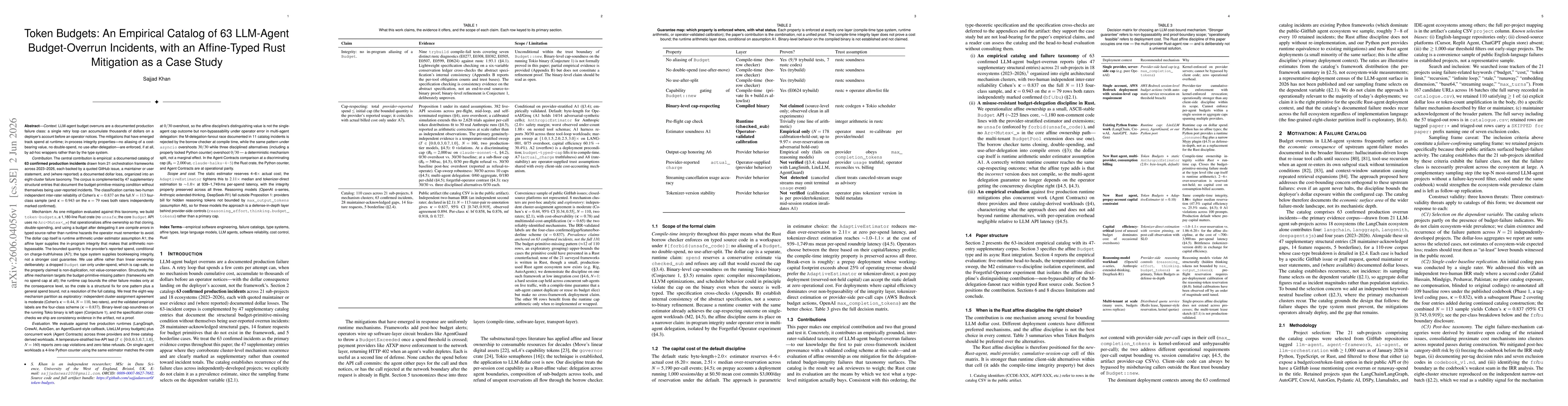 Thumbnail for Token Budgets: An Empirical Catalog of 63 LLM-Agent Budget-Overrun Incidents, with an Affine-Typed Rust Mitigation as a Case Study