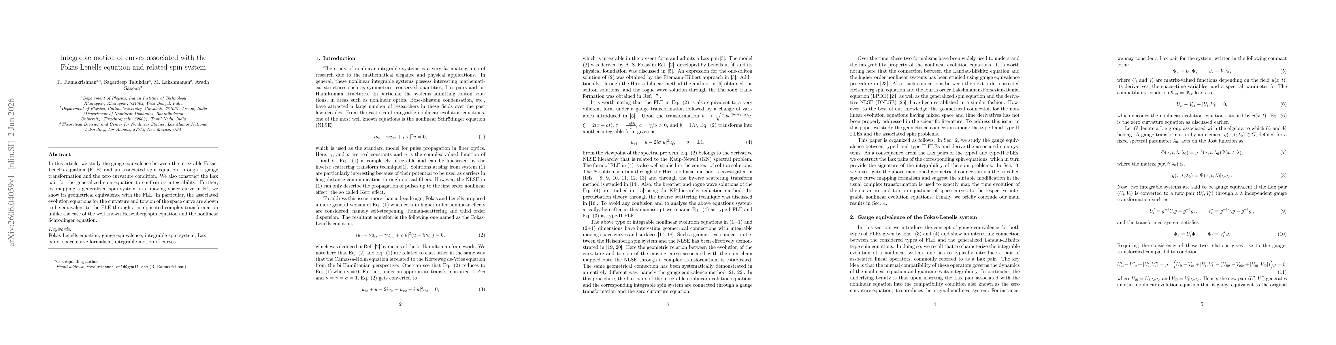Thumbnail for Integrable motion of curves associated with the Fokas-Lenells equation and related spin system