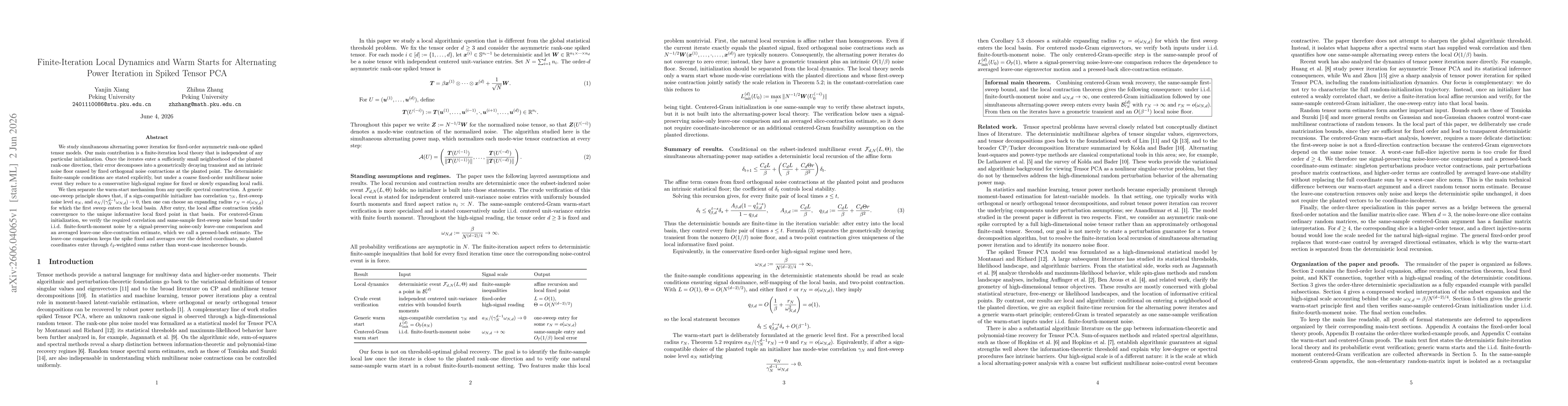 Thumbnail for Finite-Iteration Local Dynamics and Warm Starts for Alternating Power Iteration in Spiked Tensor PCA