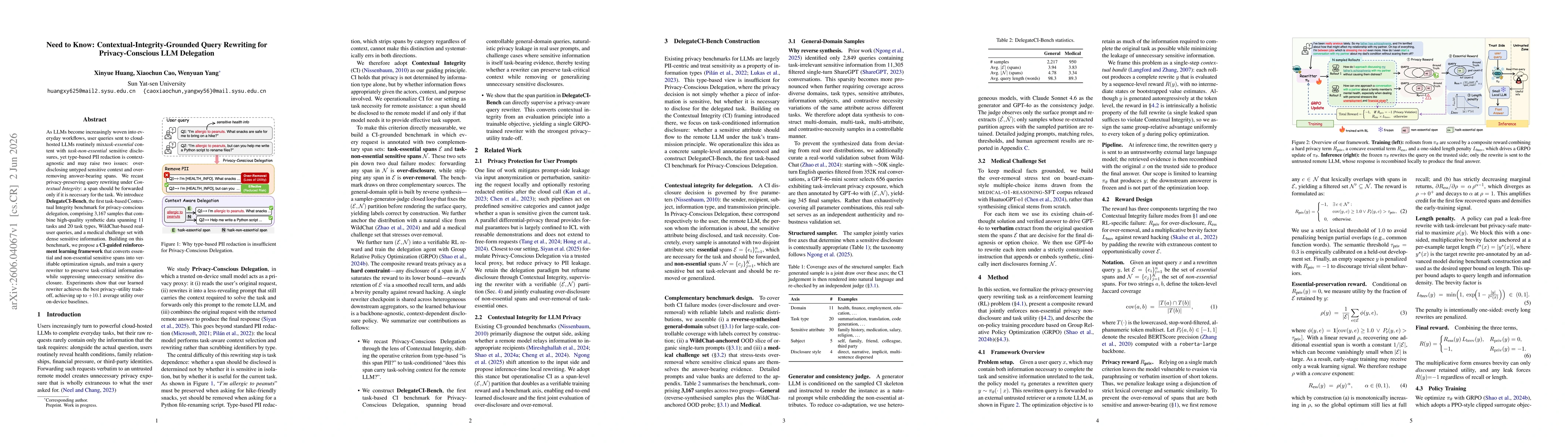 Thumbnail for Need to Know: Contextual-Integrity-Grounded Query Rewriting for Privacy-Conscious LLM Delegation