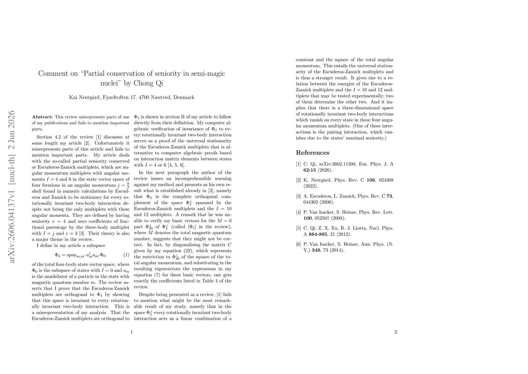 Thumbnail for Comment on "Partial conservation of seniority in semi-magic nuclei" by Chong Qi