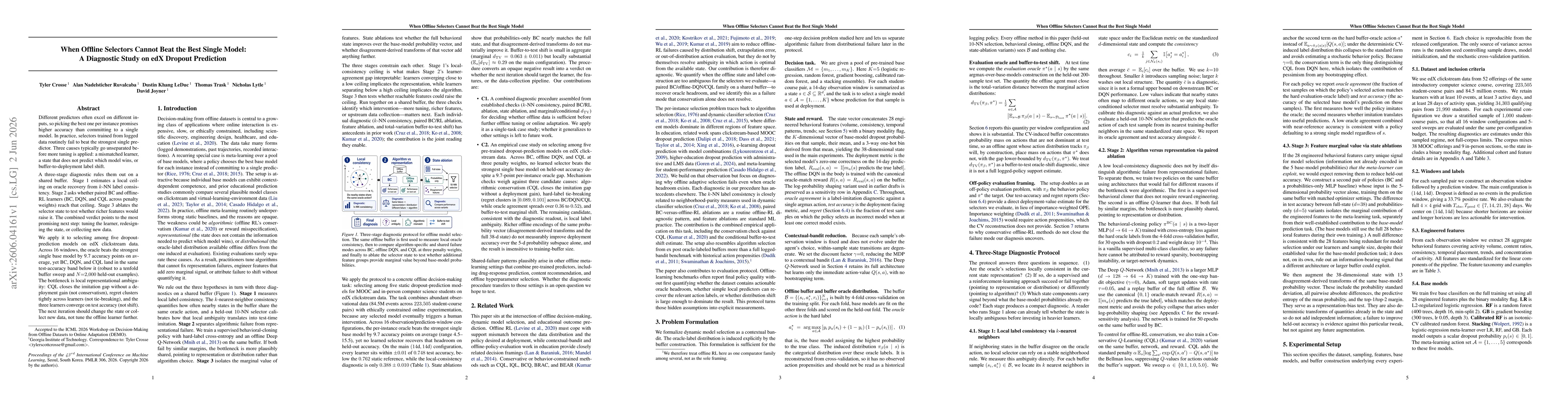 Thumbnail for When Offline Selectors Cannot Beat the Best Single Model: A Diagnostic Study on edX Dropout Prediction