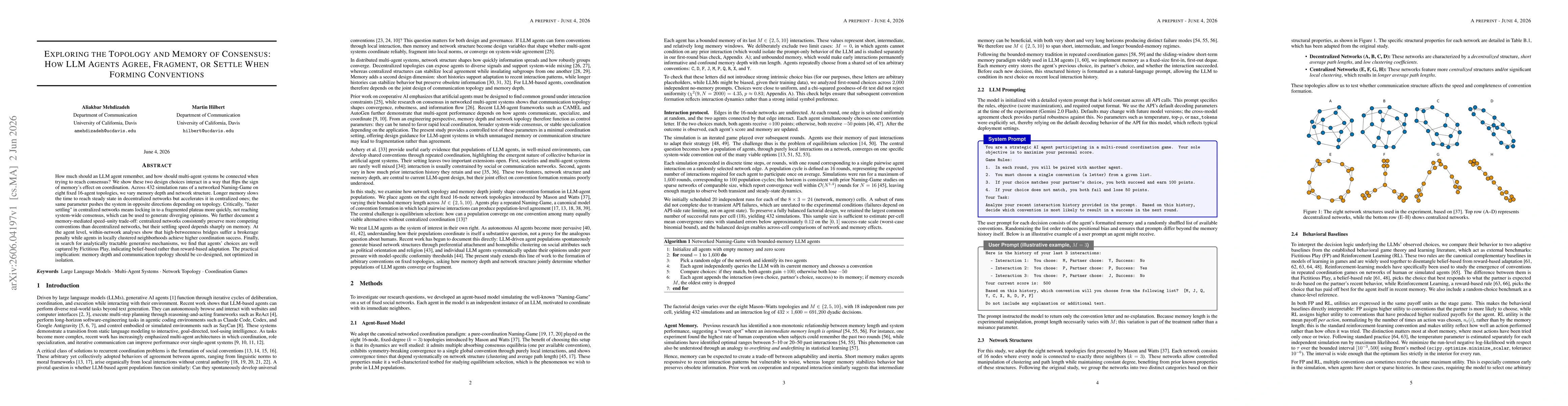 Thumbnail for Exploring the Topology and Memory of Consensus: How LLM Agents Agree, Fragment, or Settle When Forming Conventions