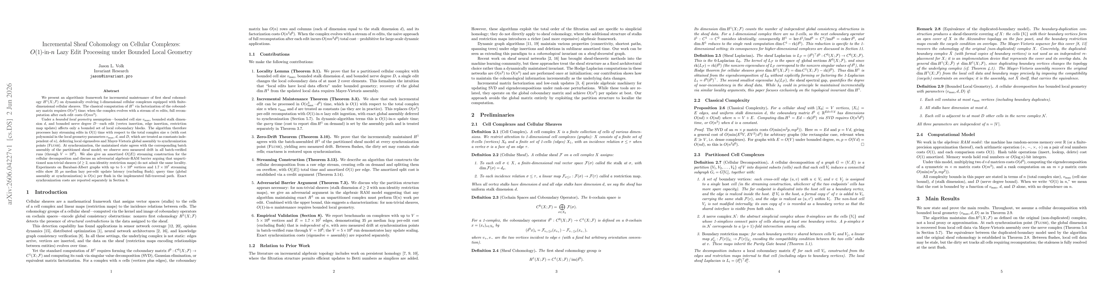 Thumbnail for Incremental Sheaf Cohomology on Cellular Complexes: O(1)-in-n Lazy Edit Processing under Bounded Local Geometry