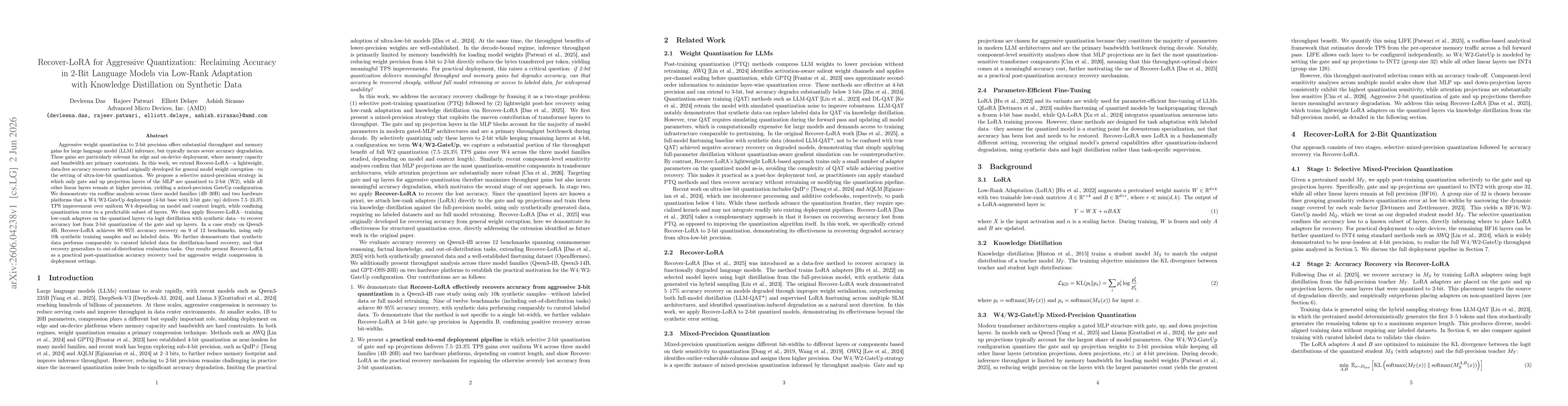 Thumbnail for Recover-LoRA for Aggressive Quantization: Reclaiming Accuracy in 2-Bit Language Models via Low-Rank Adaptation with Knowledge Distillation on Synthetic Data