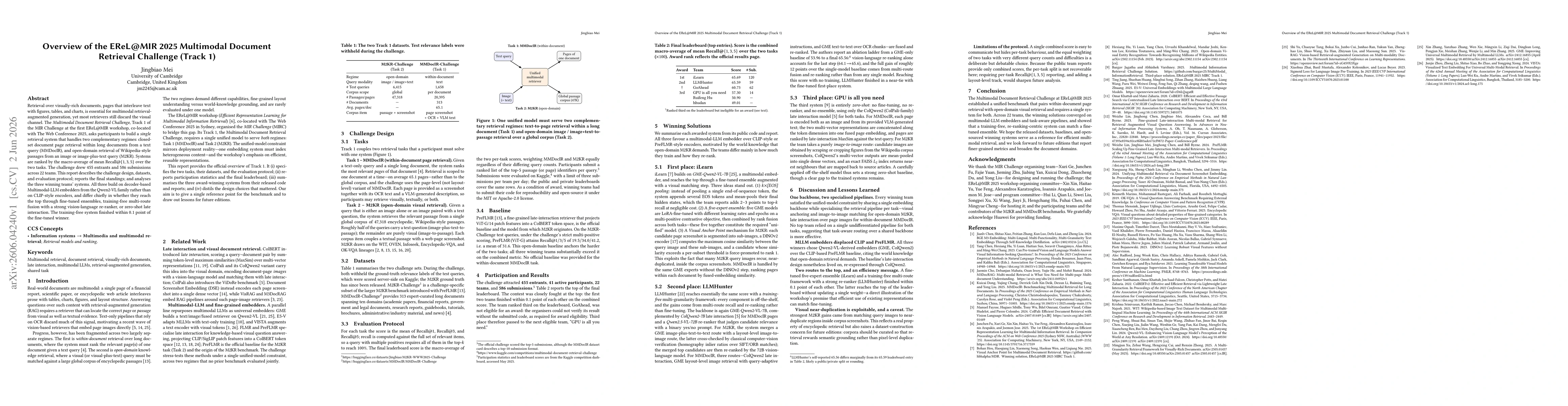 Thumbnail for Overview of the EReL@MIR 2025 Multimodal Document Retrieval Challenge (Track 1)