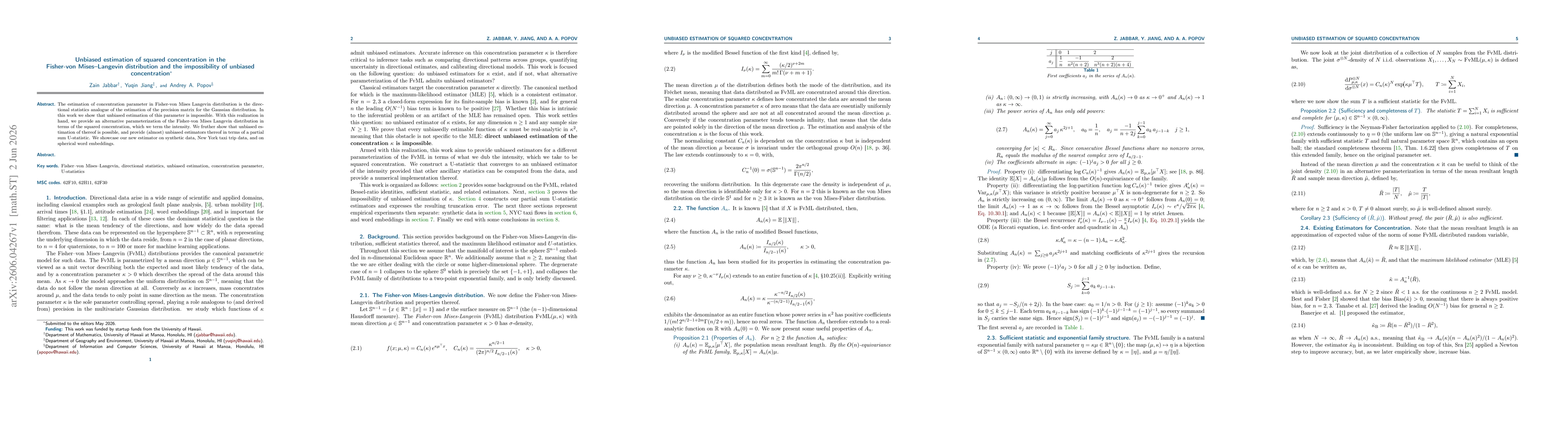 Thumbnail for Unbiased estimation of squared concentration in the Fisher-von Mises-Langevin distribution and the impossibility of unbiased concentration