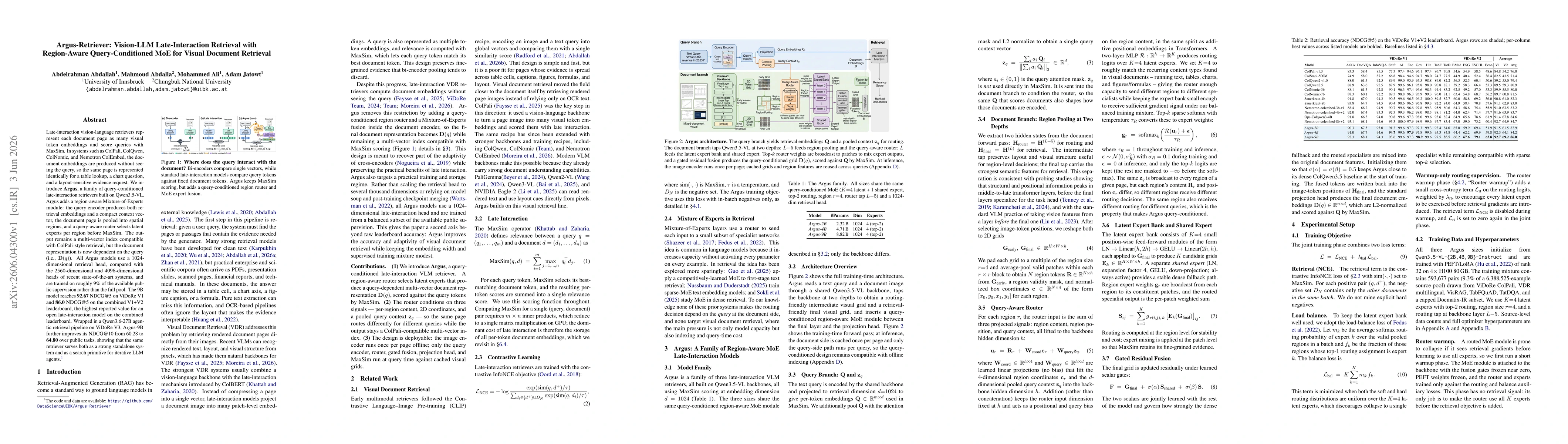 Thumbnail for Argus-Retriever: Vision-LLM Late-Interaction Retrieval with Region-Aware Query-Conditioned MoE for Visual Document Retrieval