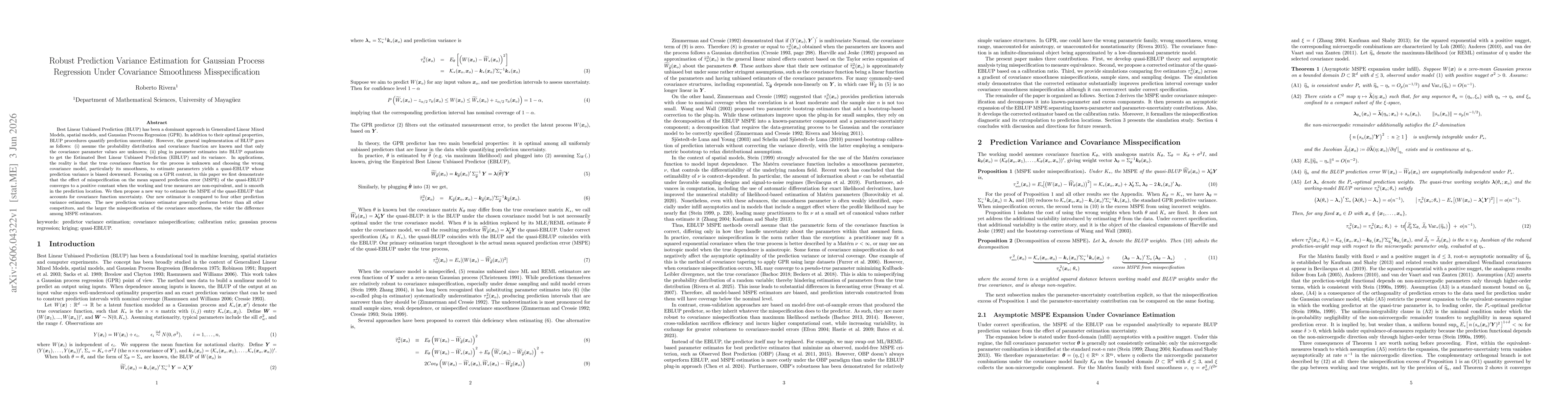 Thumbnail for Robust Prediction Variance Estimation for Gaussian Process Regression Under Covariance Smoothness Misspecification