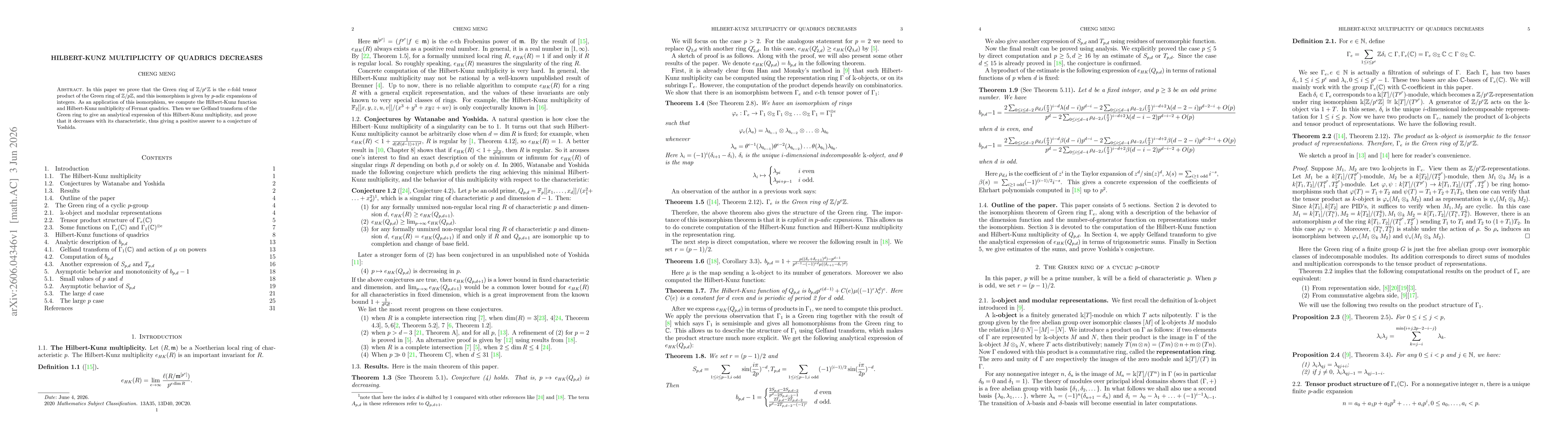 Thumbnail for Hilbert-Kunz multiplicity of quadrics decreases