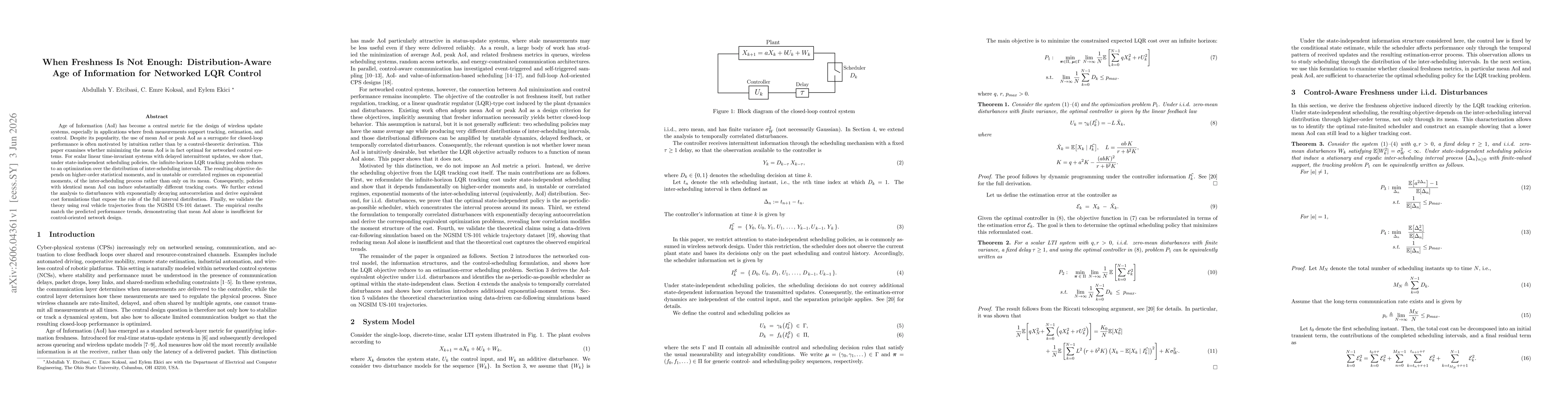 Thumbnail for When Freshness Is Not Enough: Distribution-Aware Age of Information for Networked LQR Control