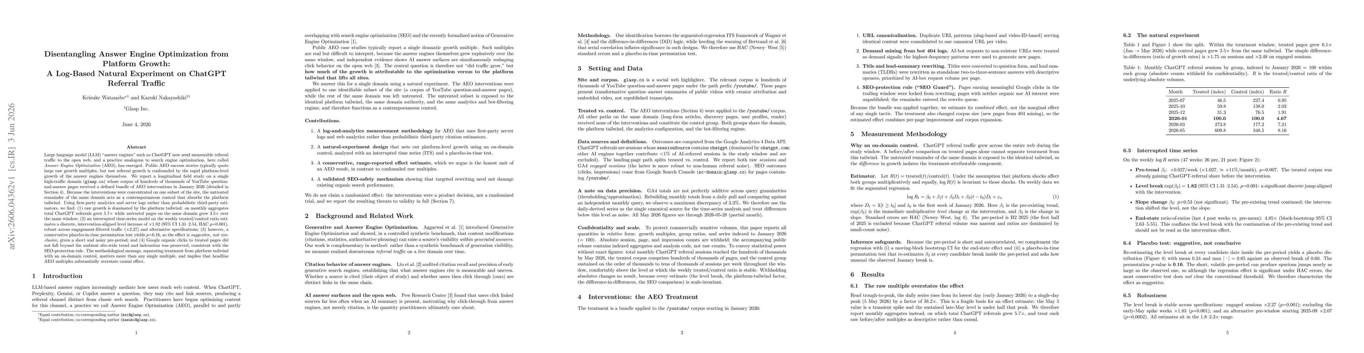 Thumbnail for Disentangling Answer Engine Optimization from Platform Growth: A Log-Based Natural Experiment on ChatGPT Referral Traffic