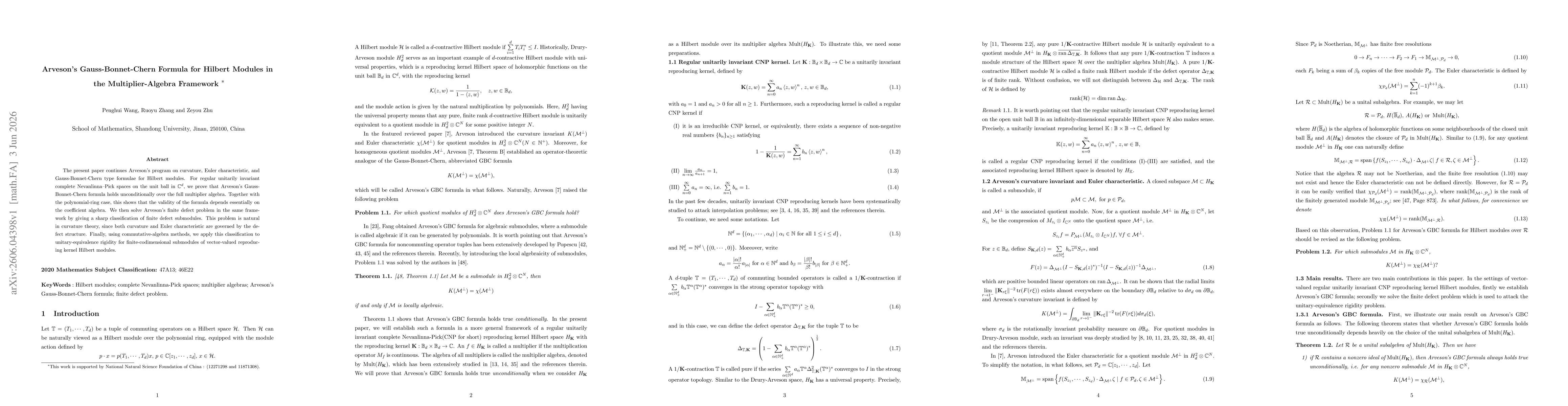 Thumbnail for Arveson's Gauss-Bonnet-Chern Formula for Hilbert Modules in the Multiplier-Algebra Framework