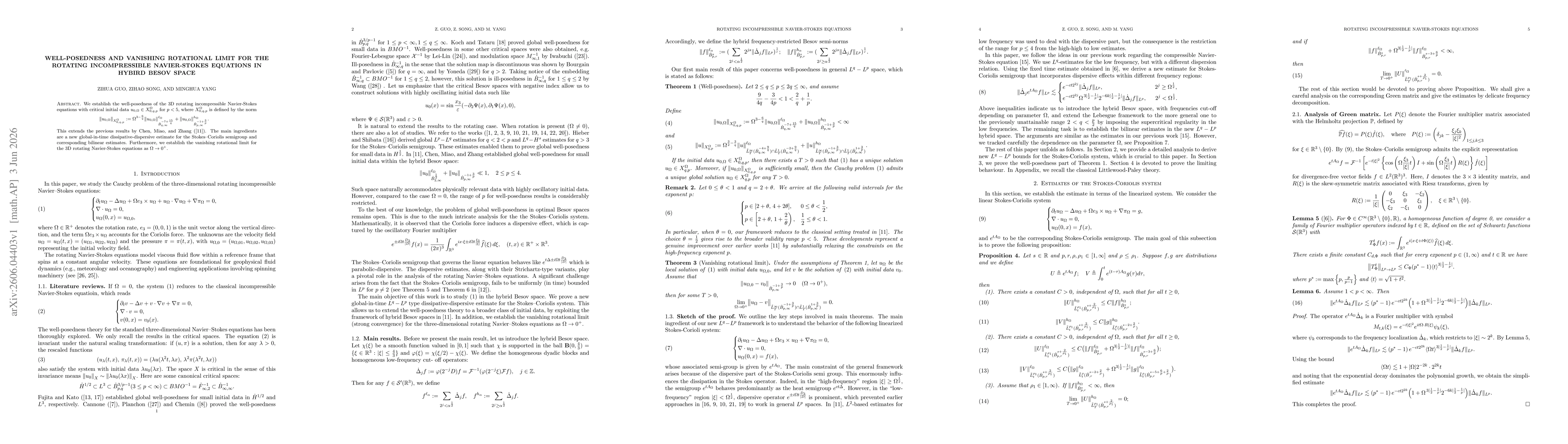 Thumbnail for Well-posedness and vanishing rotational limit for the rotating incompressible Navier-Stokes equations in hybird Besov space