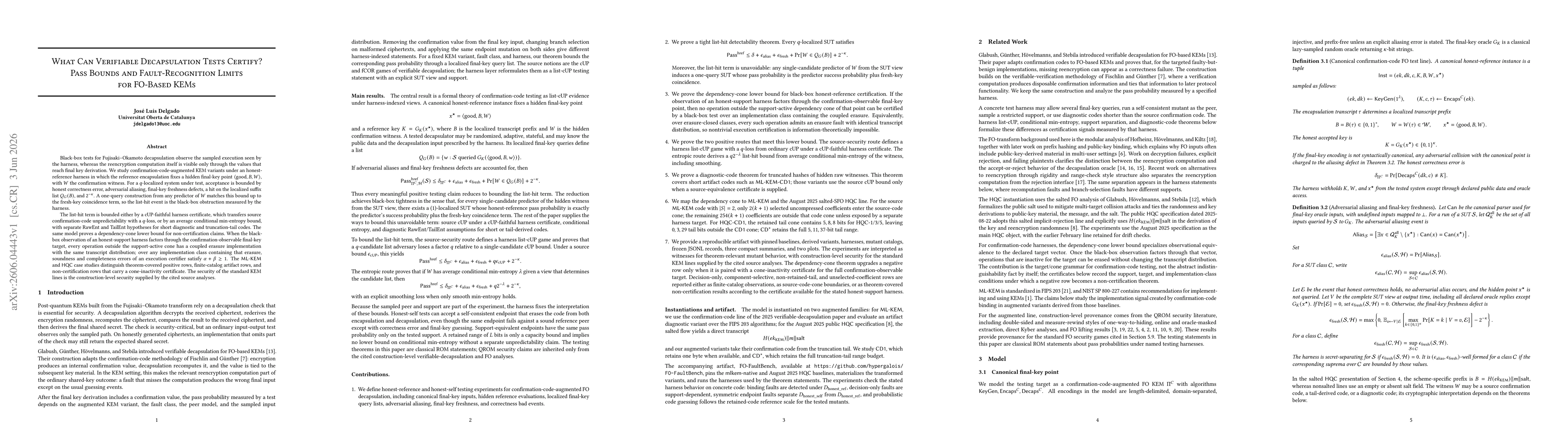 Thumbnail for What Can Verifiable Decapsulation Tests Certify? Pass Bounds and Fault-Recognition Limits for FO-Based KEMs