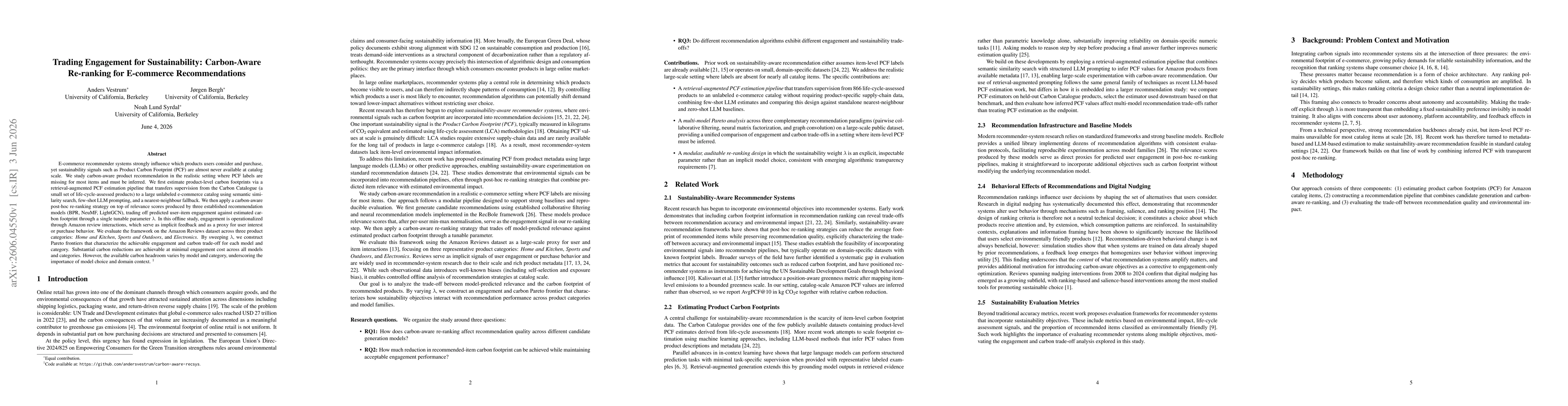 Thumbnail for Trading Engagement for Sustainability: Carbon-Aware Re-ranking for E-commerce Recommendations