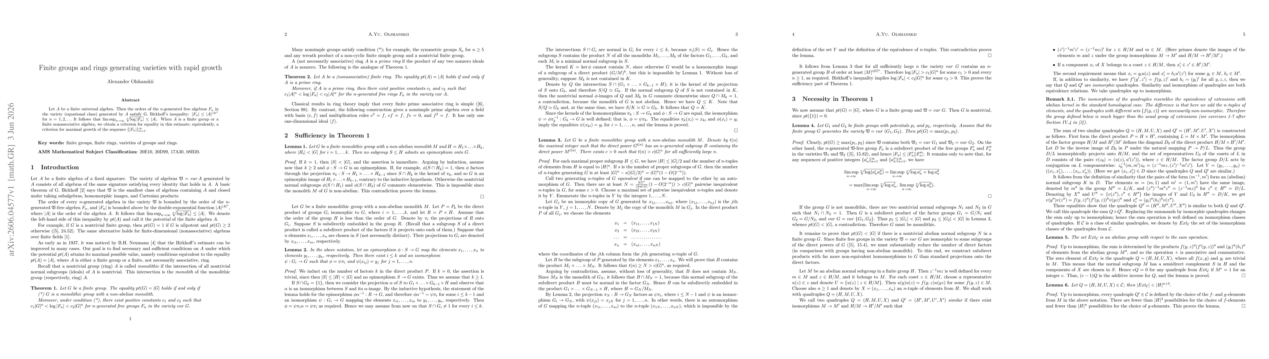 Thumbnail for Finite groups and rings generating varieties with rapid growth