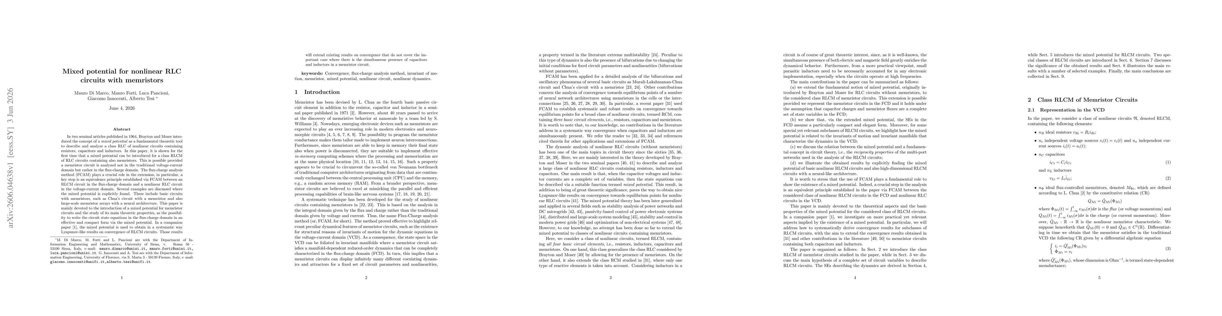 Thumbnail for Mixed potential for nonlinear RLC circuits with memristors