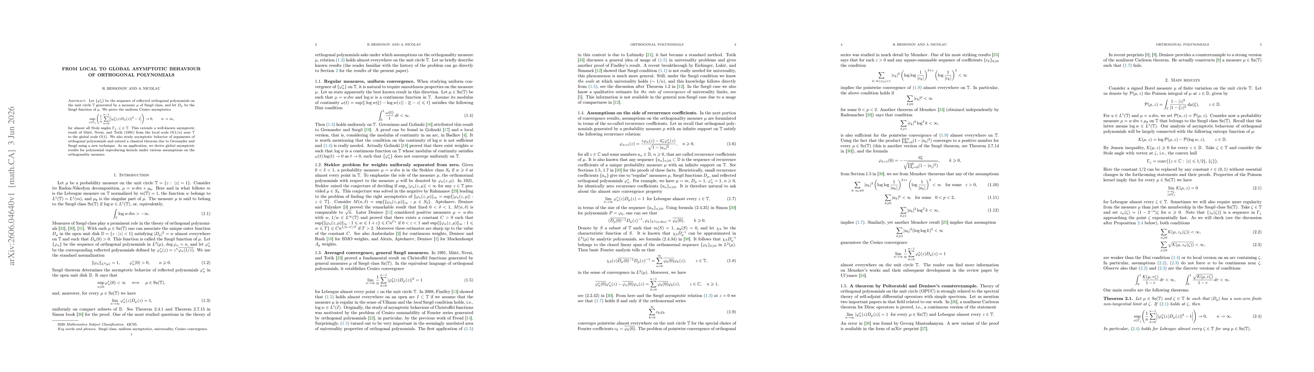 Thumbnail for From local to global asymptotic behaviour of orthogonal polynomials