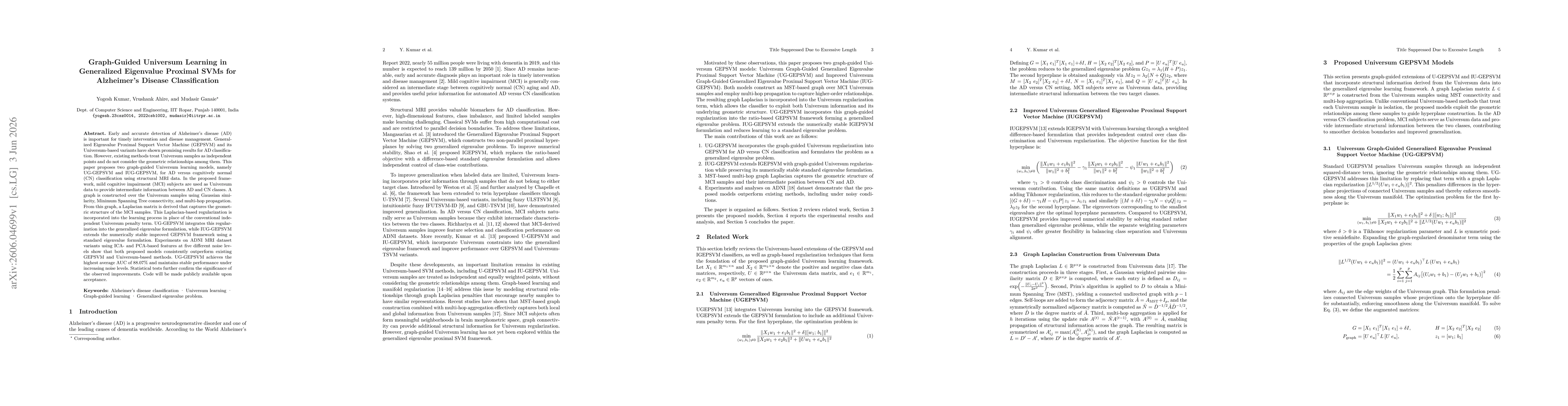 Thumbnail for Graph-Guided Universum Learning in Generalized Eigenvalue Proximal SVMs for Alzheimer's Disease Classification