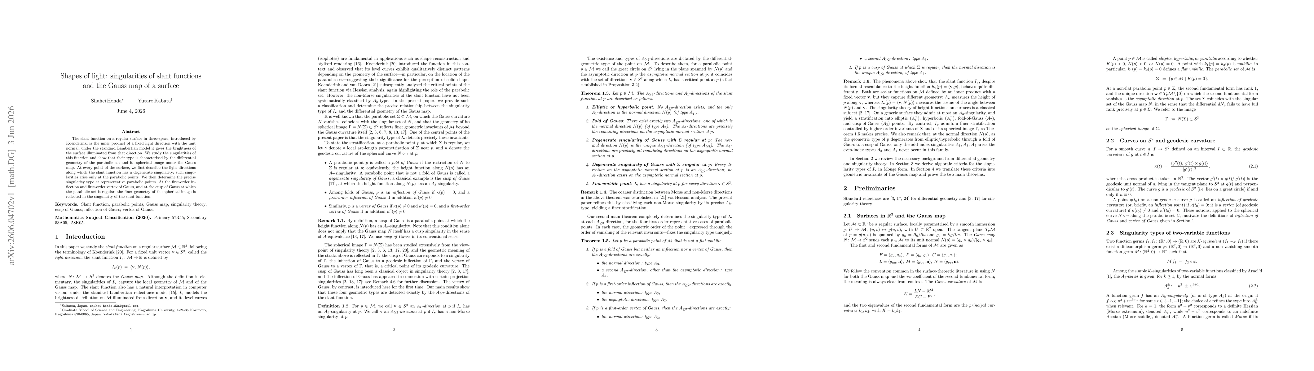 Thumbnail for Shapes of light: singularities of slant functions and the Gauss map of a surface