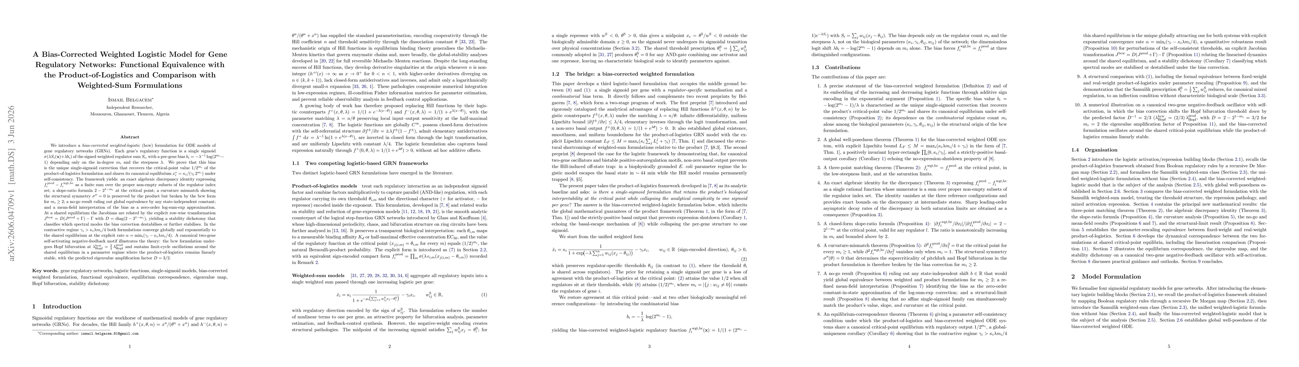 Thumbnail for A Bias-Corrected Weighted Logistic Model for Gene Regulatory Networks: Functional Equivalence with the Product-of-Logistics and Comparison with Weighted-Sum Formulations
