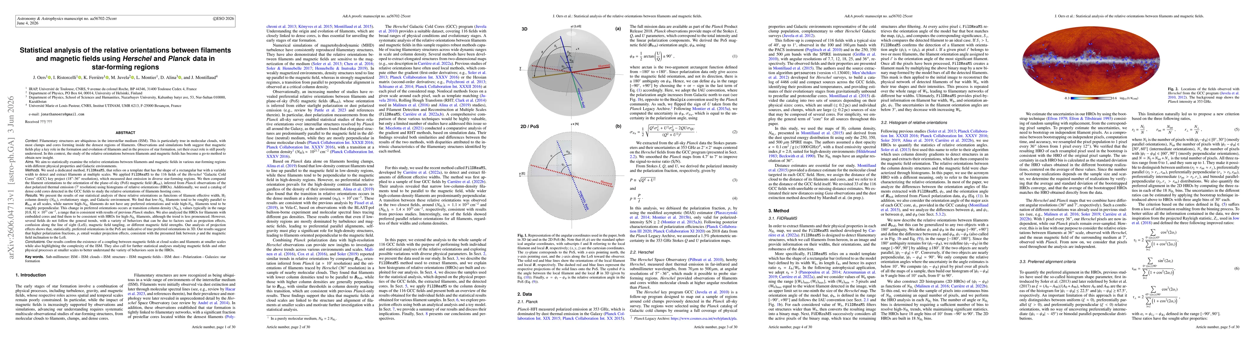 Thumbnail for Statistical analysis of the relative orientations between filaments and magnetic fields using Herschel and Planck data in star-forming regions